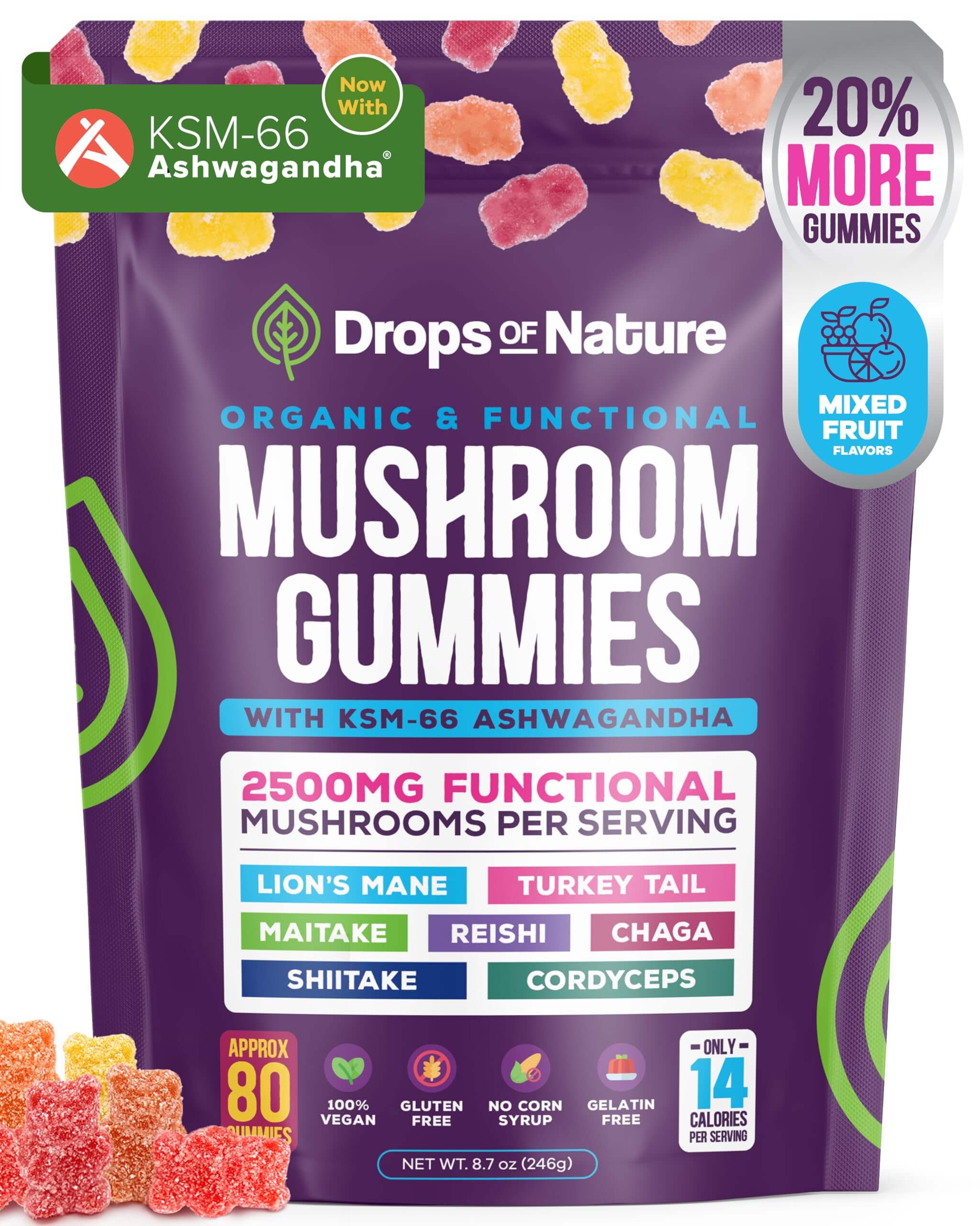 Ashwagandha and Lions Mane Mushroom Supplement Gummies - Organic - Reishi Cordyceps Turkey Tail Maitake Shitake Chaga - Immune Defense Boosts Cognitive Performance Vegan Low Carb