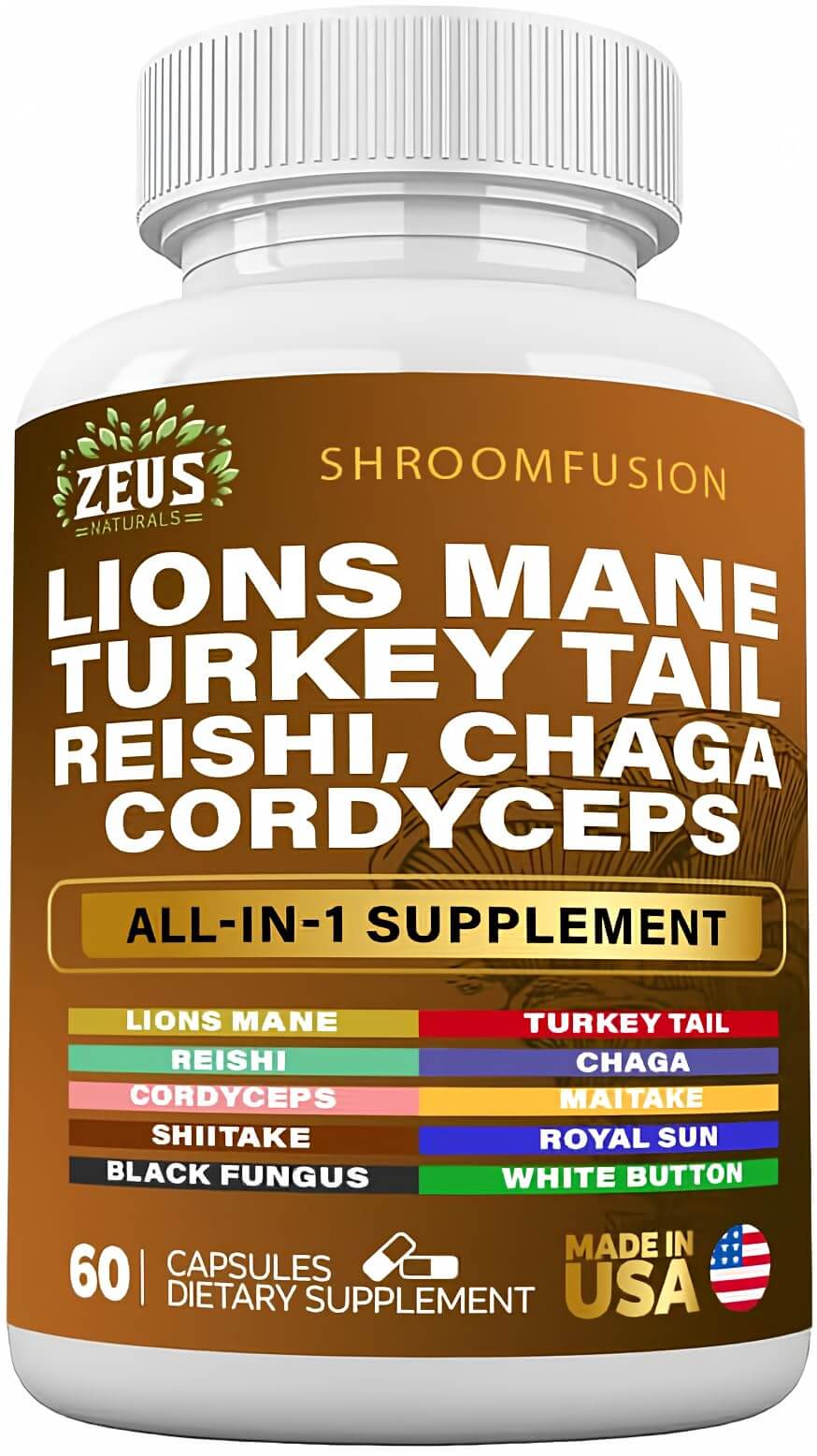 Zeus Naturals Lions Mane 300mg Turkey Tail 2000mg Cordyceps Chaga 1000mg Reishi 1000mg Maitake Meshima Poria Cocos Shiitake Oyster Porcini Enoki Mushroom Supplement (60Ct)