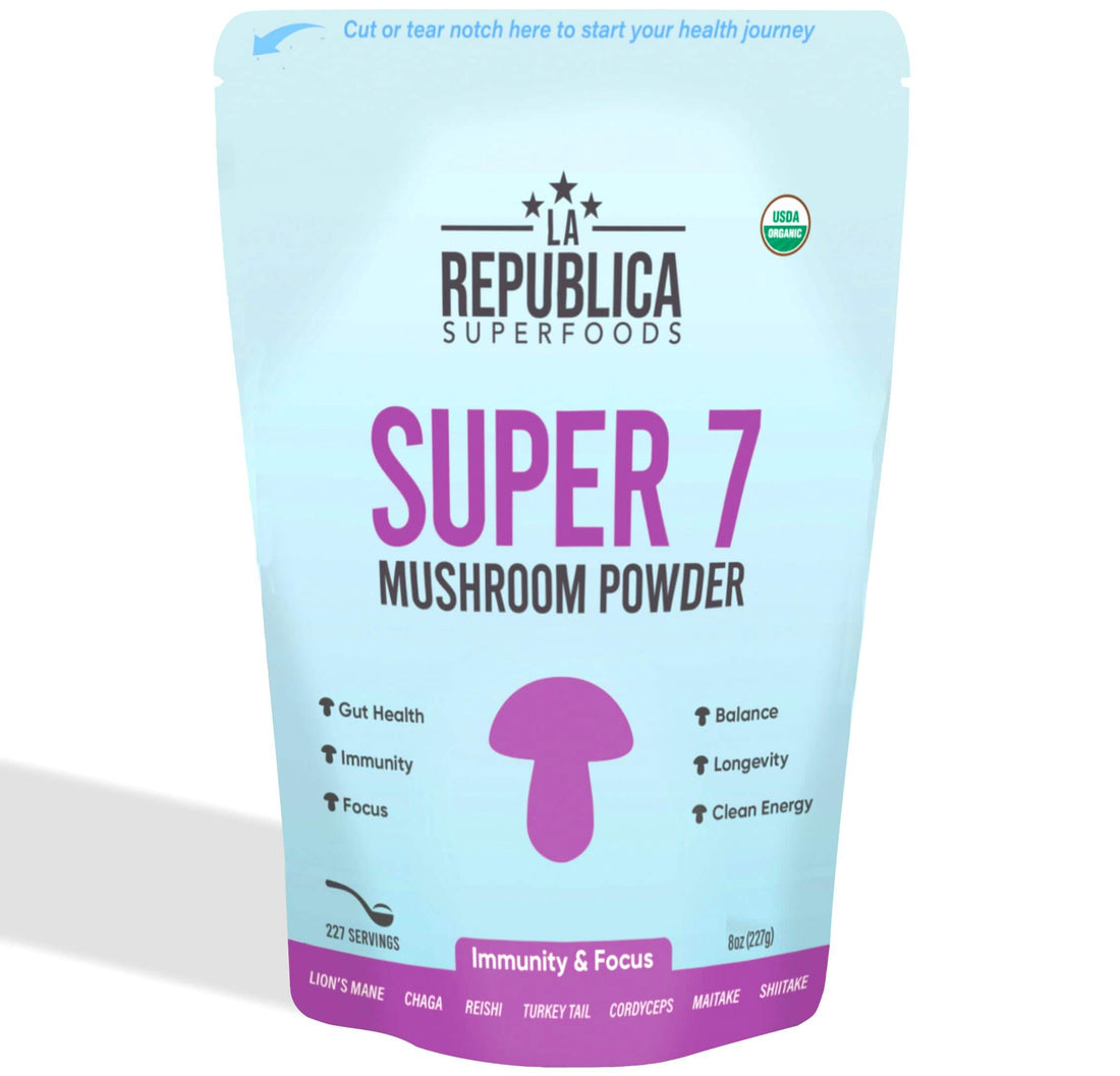 La Republica Superfood Super 7 Mushroom Extract Powder includes Lions Mane Reishi Chaga Cordyceps Shiitake Maitake and Turkey Tail (8 oz)