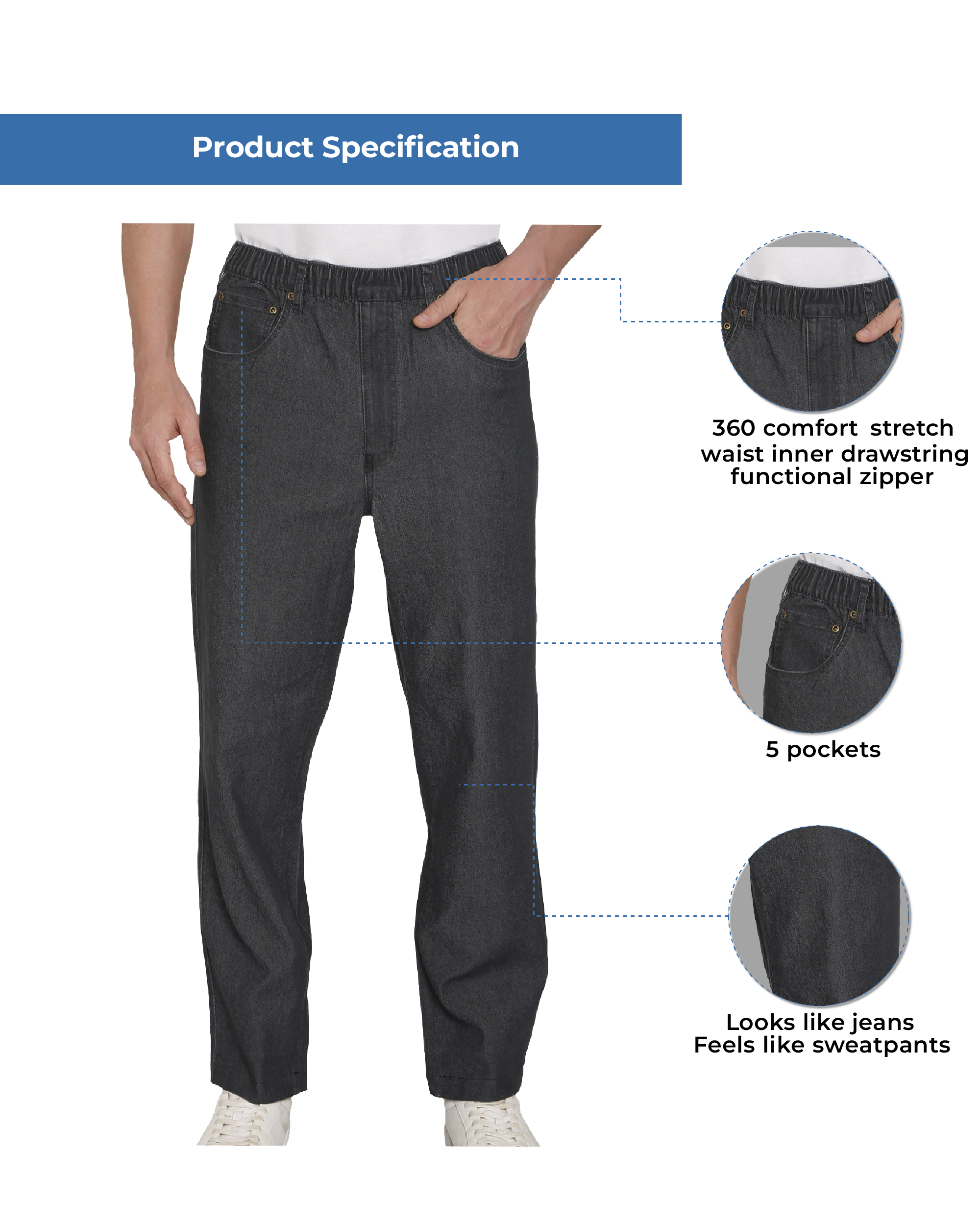 Men’s Lightweight Casual Elastic Waist Pull-On Jeans – Denim & Twill Pants with Easy Fit